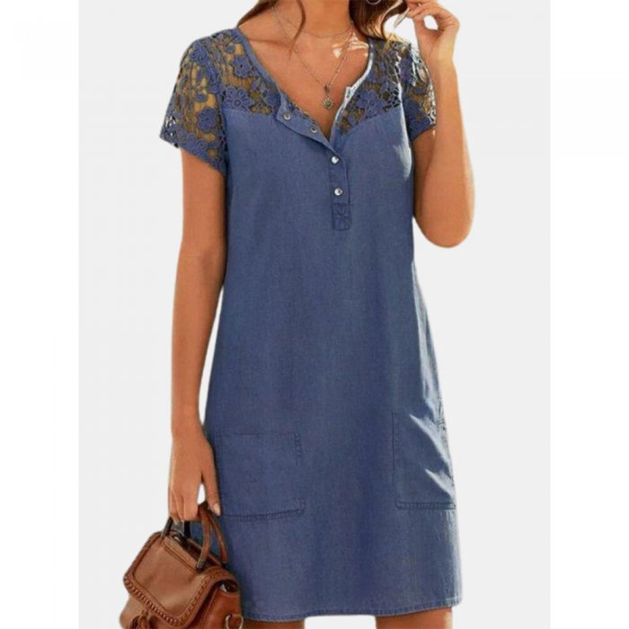 Lace Patchwork Denim Short Sleeve Solid Color Casual Dress For Women